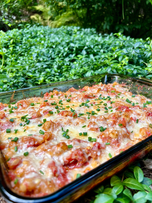 Gratin de courge spaghetti et sauce tomate aux pois chiches